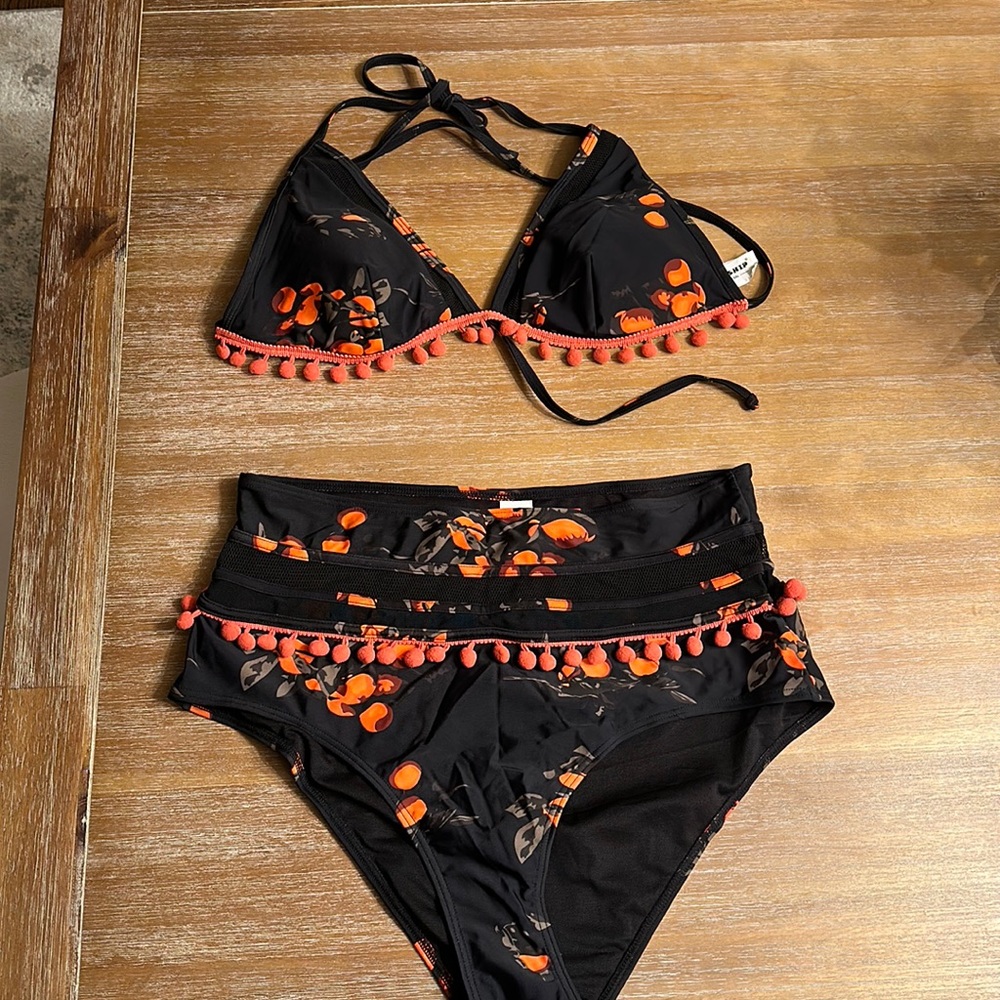 Cocoship black tangerine orange triangle top high waist swimsuit bikini sz 14